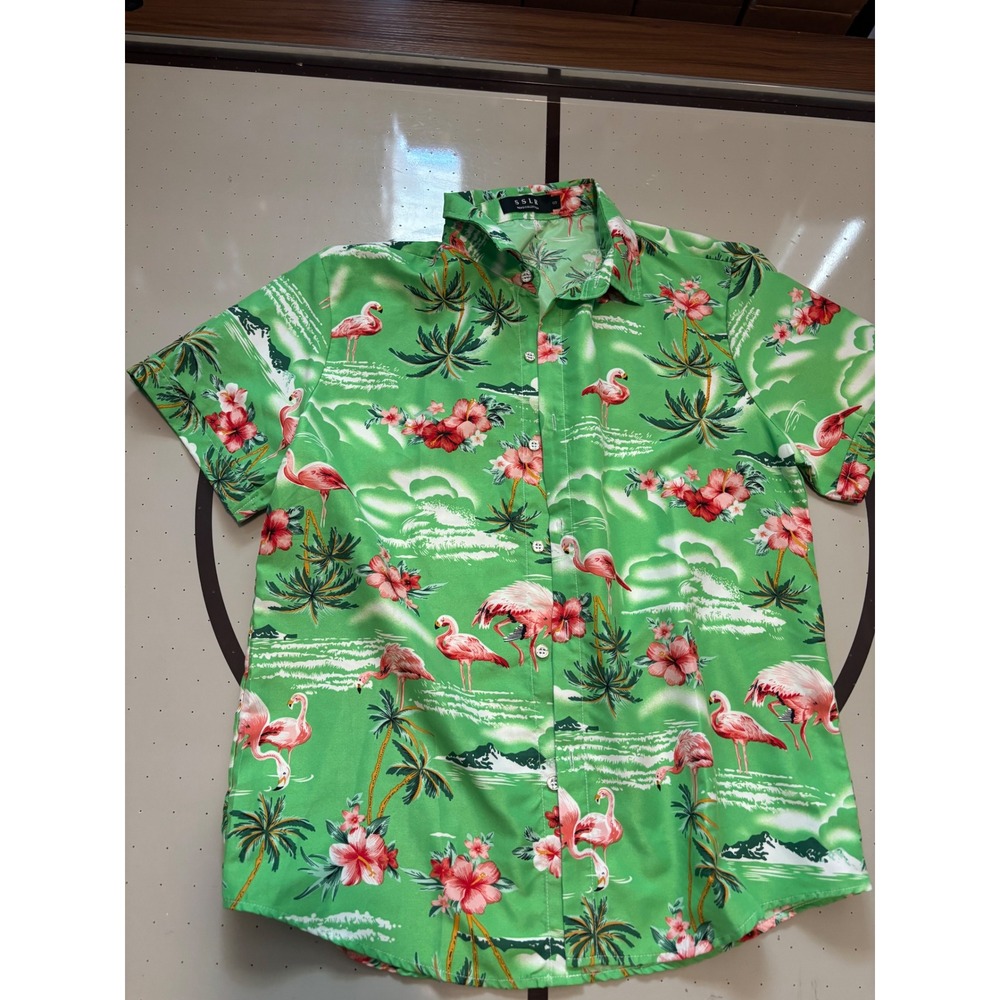 1174 SSLR Mens Flamingo Tropical Palm Tree Hibiscus Hawaiian Shirt Green Small